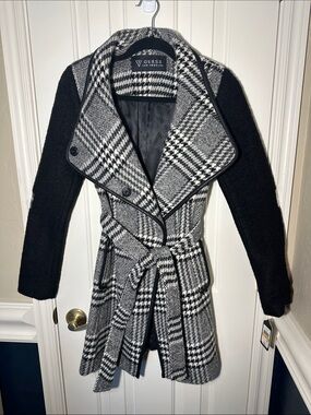 GUESS Black & White Plaid Belted Wrap Trench Coat Size S